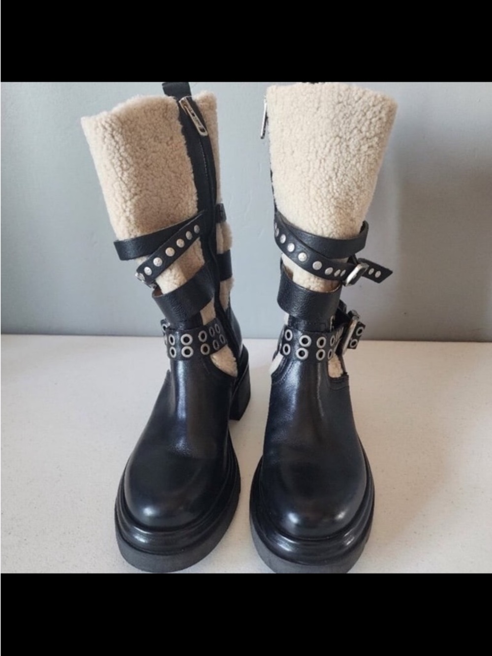 A.S.98 Black Leather EMMON Ankle Boot with Shearling Cuff, Combat Boot, 39, EUC - Picture 5 of 12